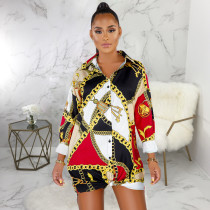 Plus Size Chain Print Turndown Collar Long Sleeve Shirt Dress SMR-9374