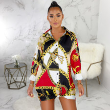 Plus Size Chain Print Turndown Collar Long Sleeve Shirt Dress SMR-9374