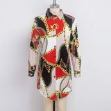 Plus Size Chain Print Turndown Collar Long Sleeve Shirt Dress SMR-9374