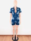 Casual Denim Short Sleeve Zipper Bodycon Jeans Playsuits LA-3132