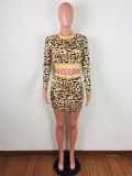 Leopard Print Long Sleeve Mini Skirt Two Piece Sets LA-3137