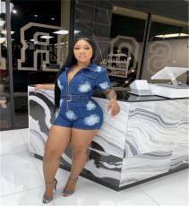 Casual Denim Short Sleeve Zipper Bodycon Jeans Playsuits LA-3132