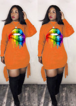 Plus Size Lips Print Long Sleeve Mini Dresses LM-8082