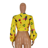 Sexy Printed Deep V Lantern Sleeve Blouses Crop Tops YH-5103