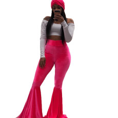 Solid High Waist Velvet Long Flared Pants BN-9204