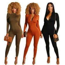 Solid Color Long Sleeve Zipper Bodycon Jumpsuits BS-1130