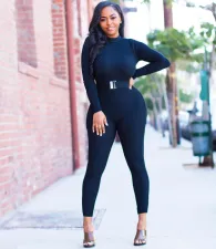 Sexy Backless Long Sleeves Sashes Skinny Jumpsuits HM-6159
