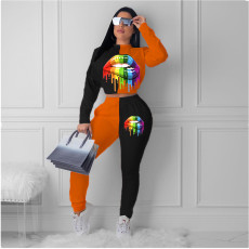 Lips Printed Patchwork Two Piece Pants Sets MDF-5093