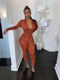 Sexy Printed Long Sleeve Front Zipper Skinny Jumpsuits CH-8073