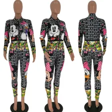 Letter Cartoon Printed Front Zipper Skinny Jumpsuits HM-6162