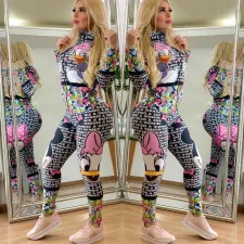 Letter Cartoon Printed Front Zipper Skinny Jumpsuits HM-6162