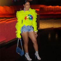 Lips Print Long Ruffles Sleeve O Neck Tops WSM-5107