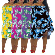 Sexy Slash Neck Long Sleeves Floral Printed Dresses SMR-9424