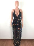 Sexy Sequin Backless Strappy V Neck Maxi Dresses LA-3147