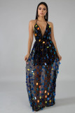 Sexy Sequin Backless Strappy V Neck Maxi Dresses LA-3147