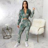 Leopard Print Zipper Long Sleeve 2 Piece Pant Sets SMR-9447