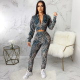 Leopard Print Zipper Long Sleeve 2 Piece Pant Sets SMR-9447