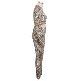 Leopard Print Zipper Long Sleeve 2 Piece Pant Sets SMR-9447