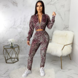Leopard Print Zipper Long Sleeve 2 Piece Pant Sets SMR-9447