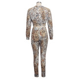 Leopard Print Zipper Long Sleeve 2 Piece Pant Sets SMR-9447