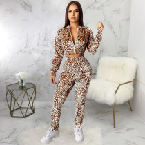 Leopard Print Zipper Long Sleeve 2 Piece Pant Sets SMR-9447