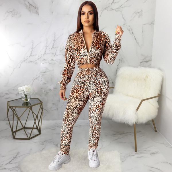 Leopard Print Zipper Long Sleeve 2 Piece Pant Sets SMR-9447