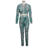 Leopard Print Zipper Long Sleeve 2 Piece Pant Sets SMR-9447
