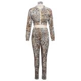 Leopard Print Zipper Long Sleeve 2 Piece Pant Sets SMR-9447