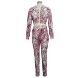 Leopard Print Zipper Long Sleeve 2 Piece Pant Sets SMR-9447