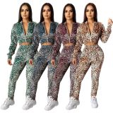 Leopard Print Zipper Long Sleeve 2 Piece Pant Sets SMR-9447
