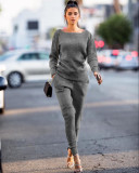 Solid Knitted Long Sleeve Casual Two Piece Pants Suit TR-868
