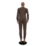 Solid Knitted Long Sleeve Casual Two Piece Pants Suit TR-868