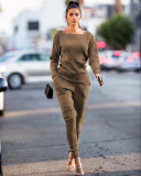 Solid Knitted Long Sleeve Casual Two Piece Pants Suit TR-868