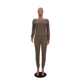 Solid Knitted Long Sleeve Casual Two Piece Pants Suit TR-868