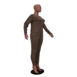 Solid Knitted Long Sleeve Casual Two Piece Pants Suit TR-868