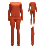 Solid Knitted Long Sleeve Casual Two Piece Pants Suit TR-868