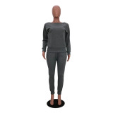 Solid Knitted Long Sleeve Casual Two Piece Pants Suit TR-868