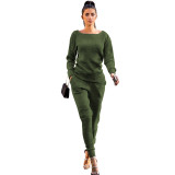 Solid Knitted Long Sleeve Casual Two Piece Pants Suit TR-868