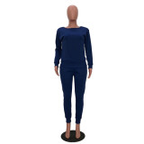 Solid Knitted Long Sleeve Casual Two Piece Pants Suit TR-868