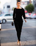 Solid Knitted Long Sleeve Casual Two Piece Pants Suit TR-868