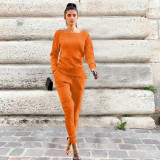 Solid Knitted Long Sleeve Casual Two Piece Pants Suit TR-868