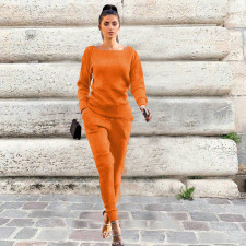 Solid Knitted Long Sleeve Casual Two Piece Pants Suit TR-868