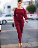 Solid Knitted Long Sleeve Casual Two Piece Pants Suit TR-868