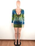 Colorful Sequin V Neck Long Sleeve Mini Dresses LA-3143