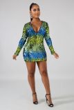 Colorful Sequin V Neck Long Sleeve Mini Dresses LA-3143