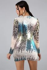 Colorful Sequin V Neck Long Sleeve Mini Dresses LA-3143