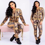 Vintage Print Casual Zipper Two Piece Outfits SMR-9460