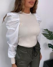 Solid Patchwork Puff Sleeves Pullover Tops FNN-8323
