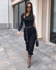 Sexy Backless One Sleeve Black 2 Piece Pants Set NIK-076