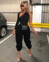 Sexy Backless One Sleeve Black 2 Piece Pants Set NIK-076